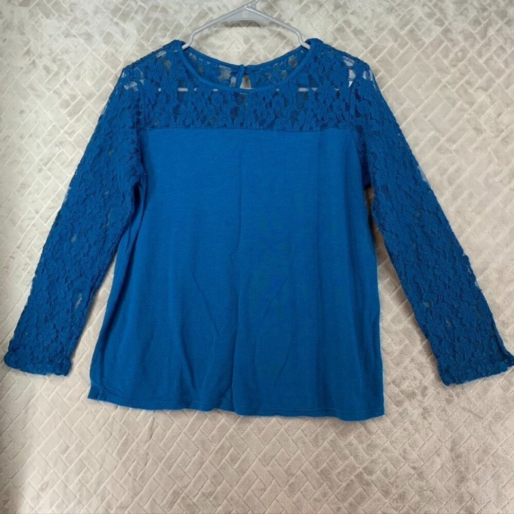 Shirt Womens Large Teal Blue Sheer Floral Lace Long Sleeve Boxy Fit